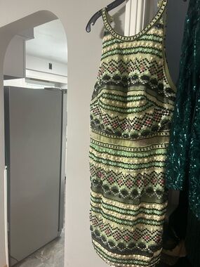 Jovani Green Sequin Halter Mini Dress with Pink Accents